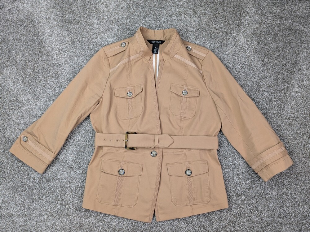 WHBM Jacket Womens 6 Tan Safari Belted Vented Structured Utility Epaulettes